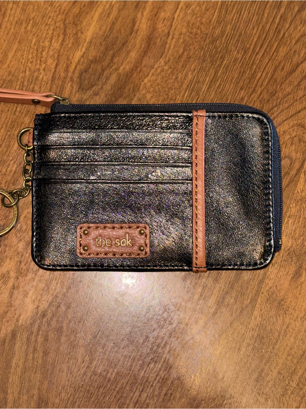 The Sak Black Leather Card Wallet with Tan Trim and Keyring